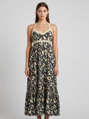 Blu Pepper Cream and Black Floral Halter Maxi Dress
